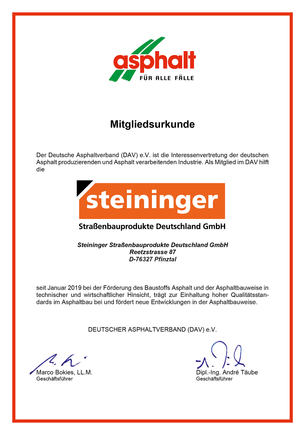 Steininger Mitgliedsurkunde Asphalt